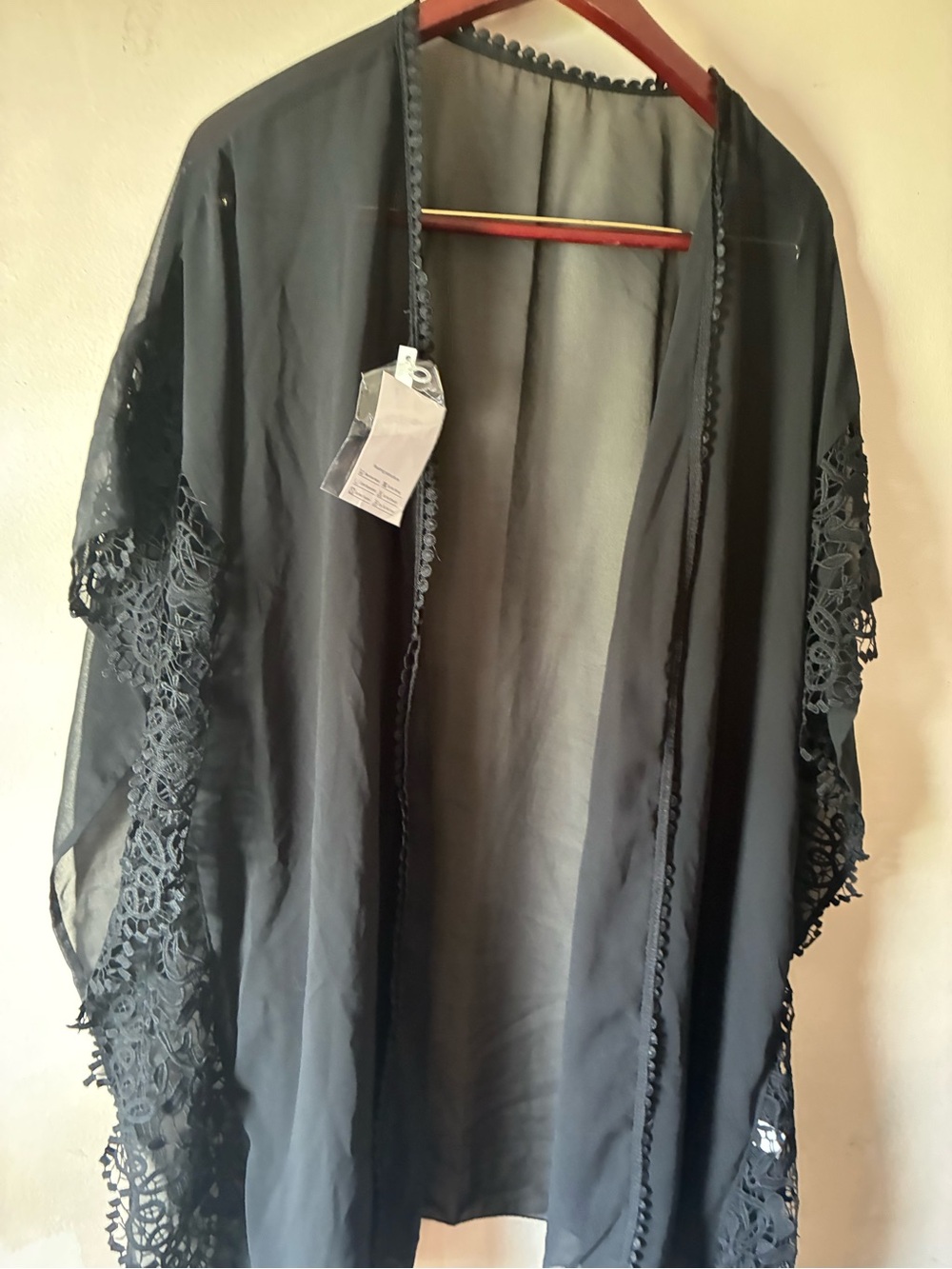 Sheer Black Lace-Trim Kimono Robe